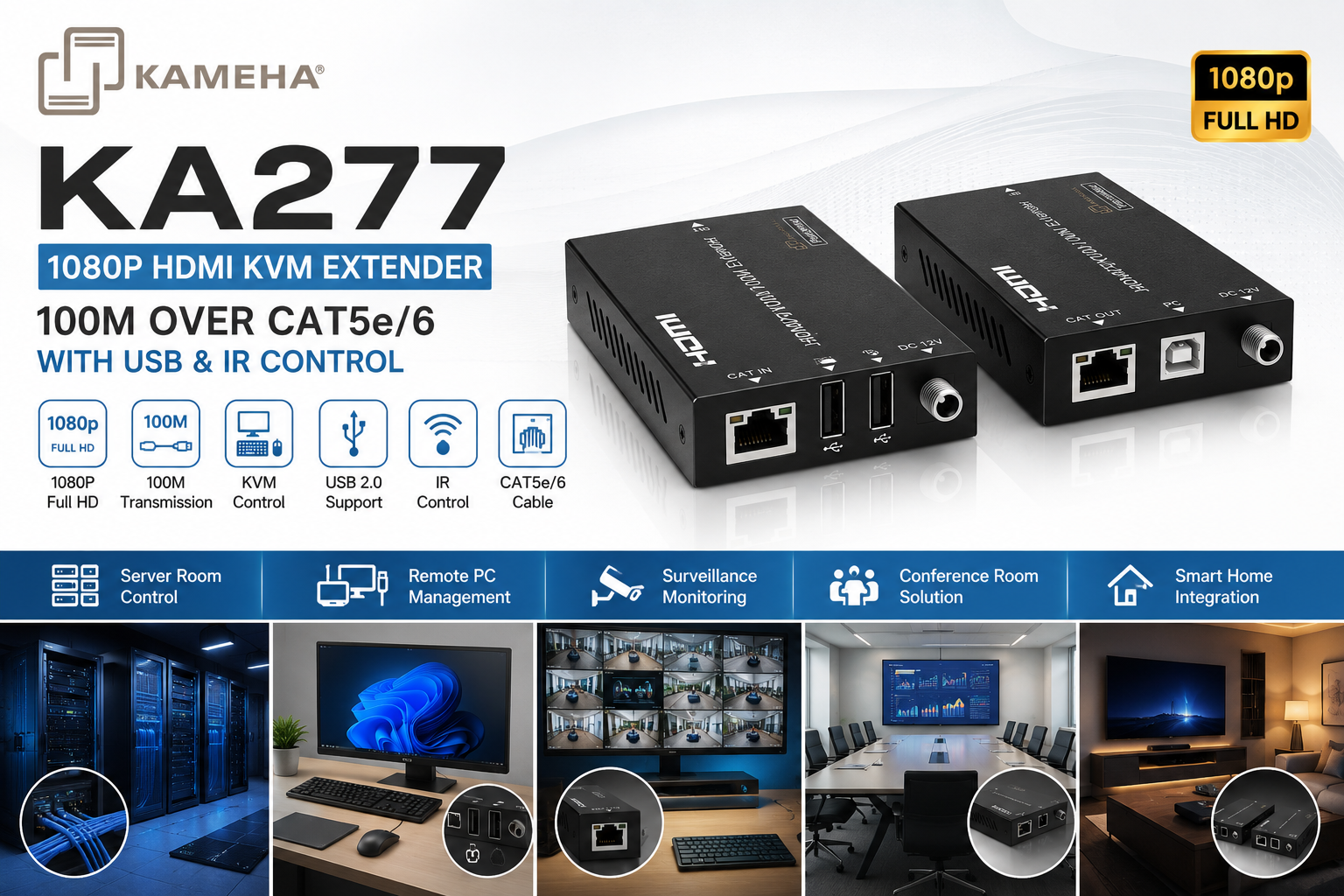 KAMEHA KA277 1080P HDMI KVM 延长器 100米 CAT6网线传输 支持USB键盘鼠标控制