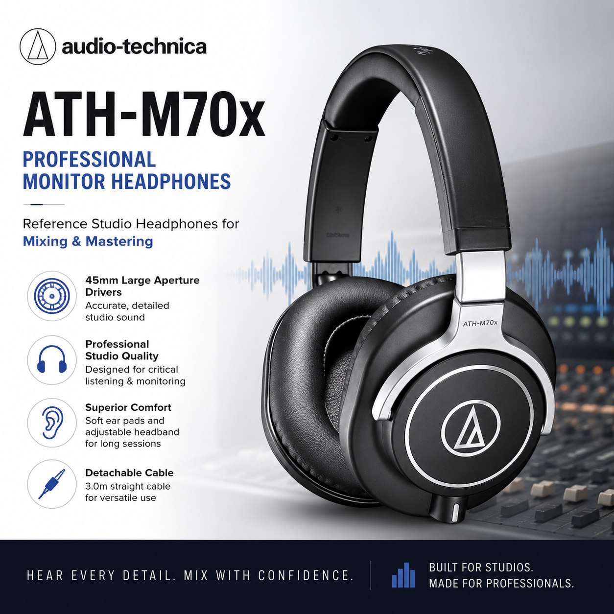 铁三角 Audio-Technica ATH-M70x 专业监听耳机｜旗舰级录音室监听与母带处理耳机