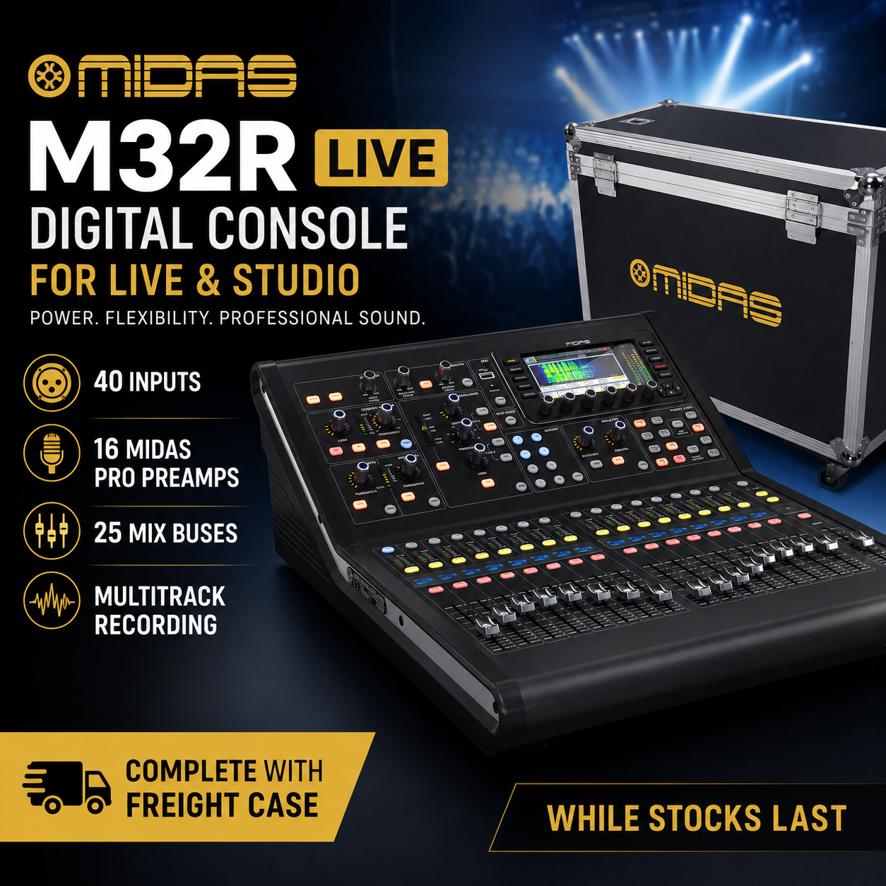 Midas M32R LIVE – Digital Console for Live & Studio with 40 Inputs, 16 Midas PRO Preamps, 25 Mix Buses & Multitrack Recording, Complete with Freight Case (While Stocks Last)