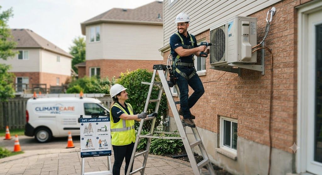 safe ladder setup for air conditioning installation