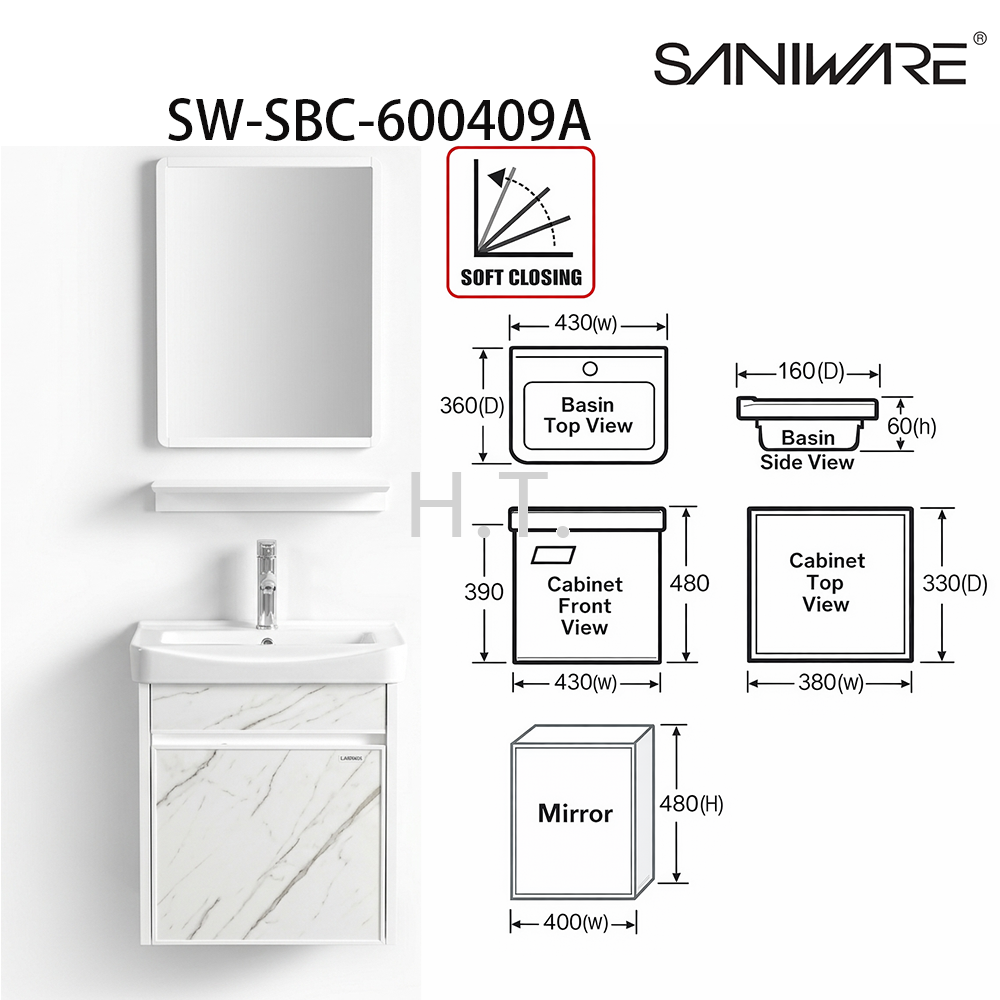 SANIWARE SBC-600409A ALUMINIUM BATHROOM CABINET SET WITH CERAMIC BASIN & MIRROR – COMPACT WALL MOUNTED BATHROOM VANITY