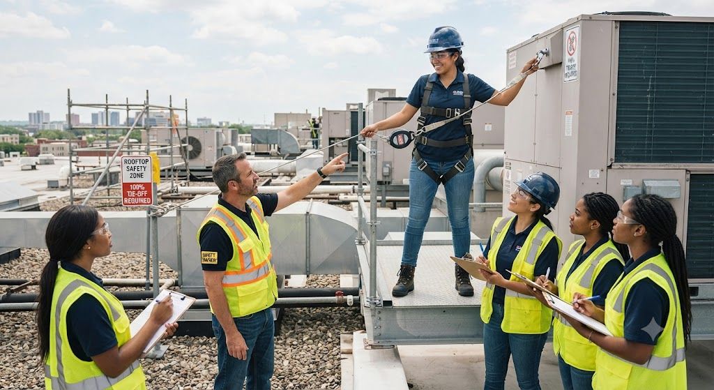 HVAC elevated work safety harness training course