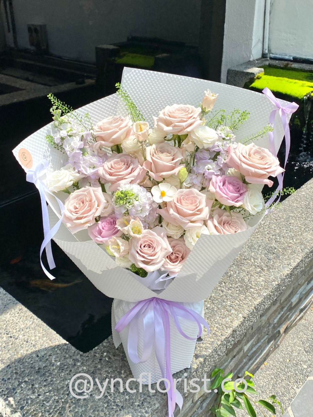 Fresh Pink Roses with Purple Matthiola (L)