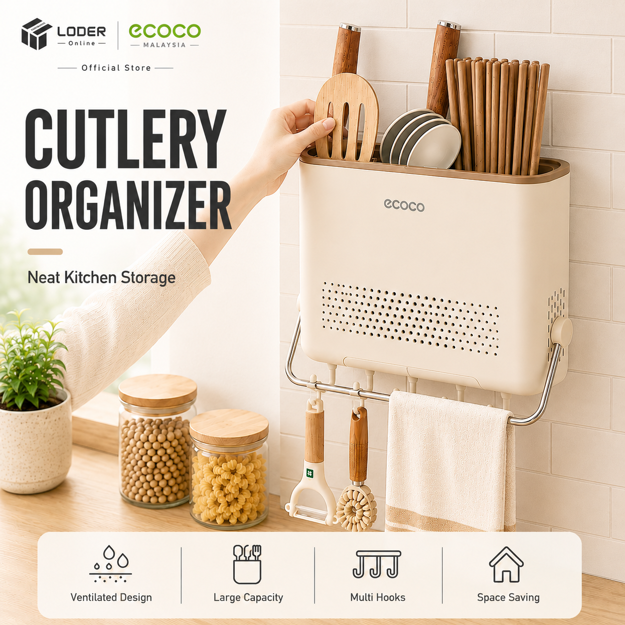 LODER ECOCO Cutlery Organizer Wall Mounted Chopstick Spoon Fork Holder Drain Tray Quick Dry Kitchen Rack