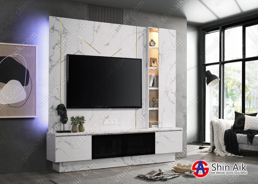 TV615605 (8'ft) White Marble Modern Contemporary TV Display Cabinet