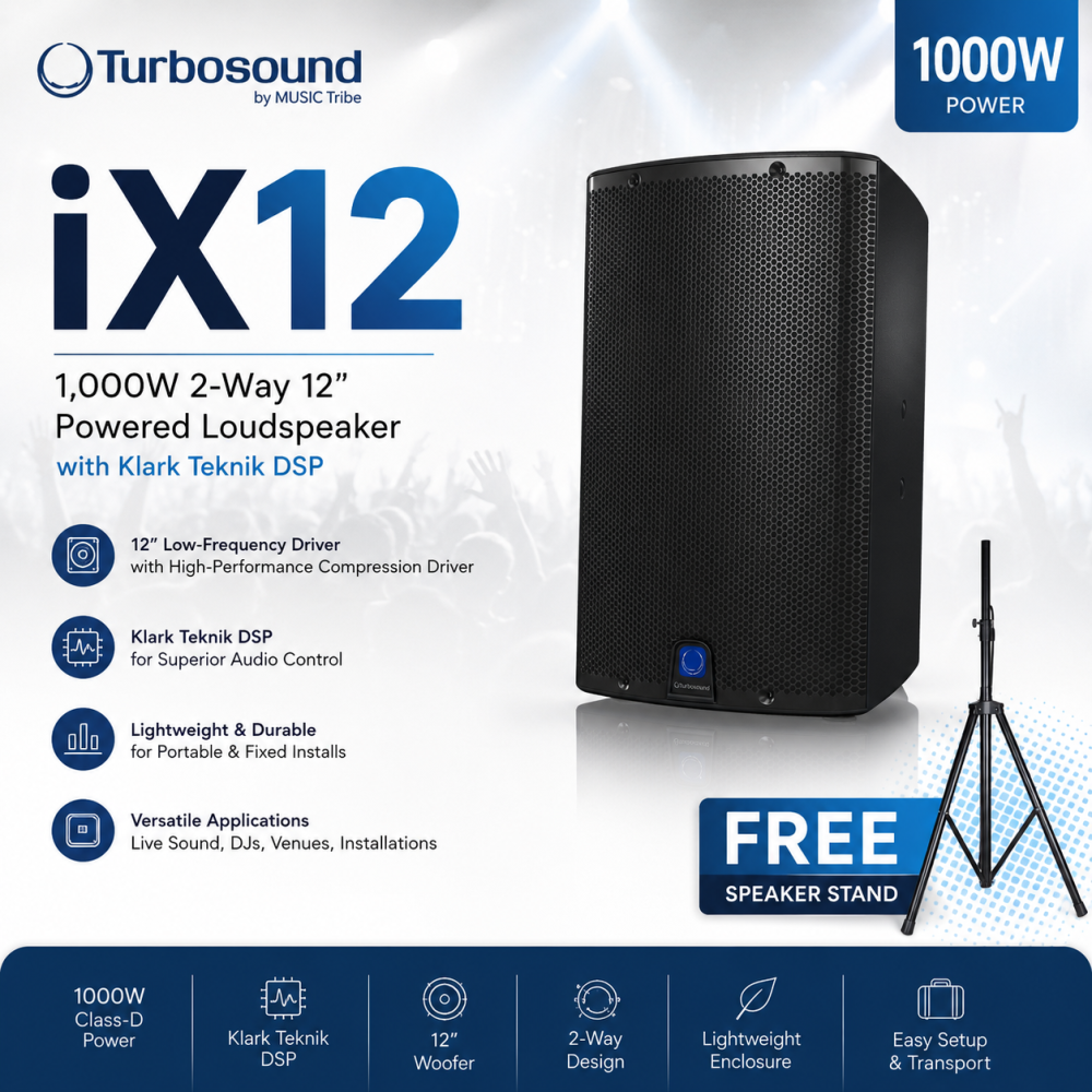 Turbosound iX12 â 1,000W 2-Way 12" Powered Loudspeaker with Klark Teknik DSP + Free Speaker Stand (While Stocks Last)