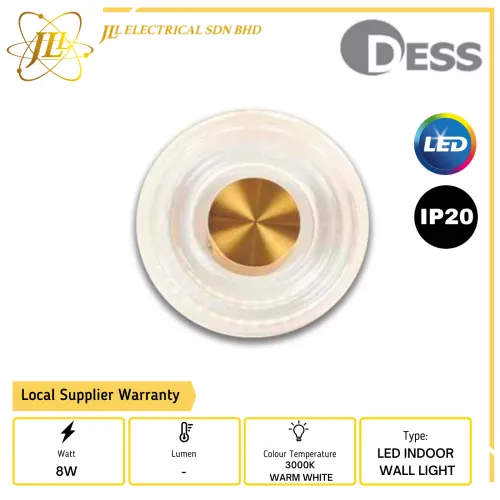 DESS GLSV4110-GD W/L LED 8W 240VAC IP20 3000K WARM WHITE LED SURFACE INDOOR WALL LIGHT 