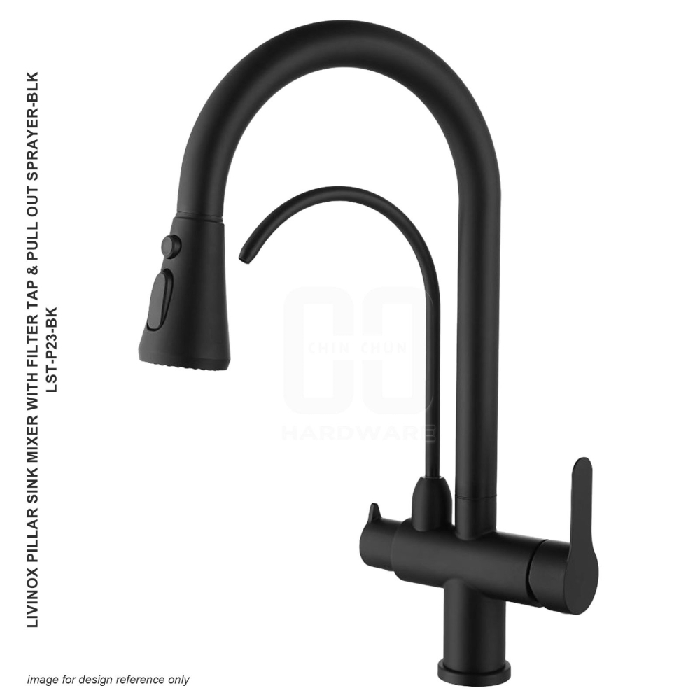 LIVINOX PILLAR SINK MIXER WITH FILTER TAP & PULL OUT SPRAYE BLK LST-P23-BK
