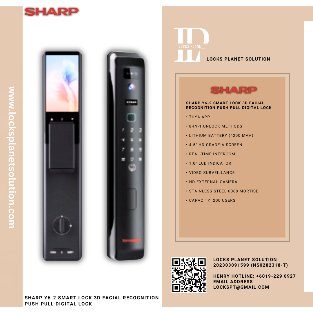 SHARP Y6-2 SMART LOCK 3D FACIAL RECOGNITION PUSH PULL DIGITAL LOCK