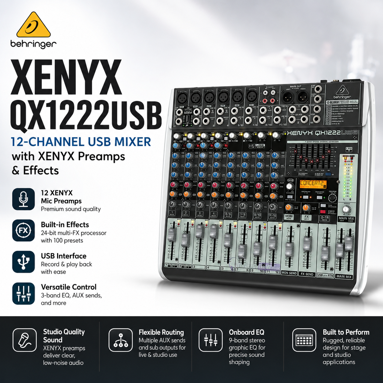 Behringer XENYX QX1222USB Pencampur 12 Saluran USB dengan Preamps XENYX & Kesan