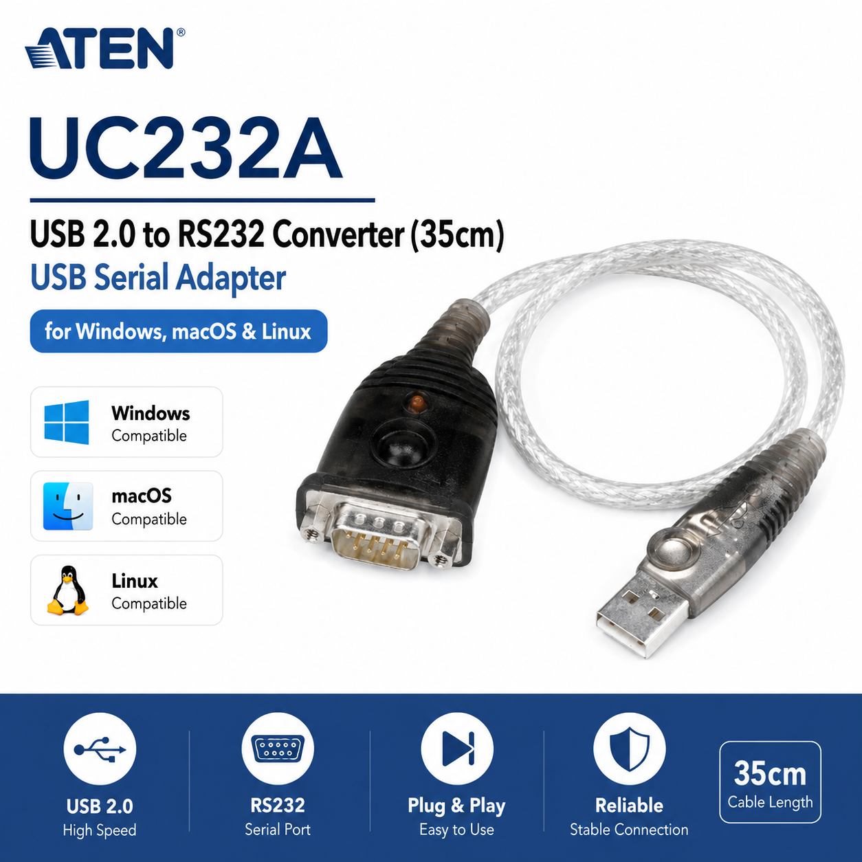 ATEN UC232A Penukar USB 2.0 ke RS232 (35cm) | Penyesuai USB Serial untuk Windows, macOS & Linux