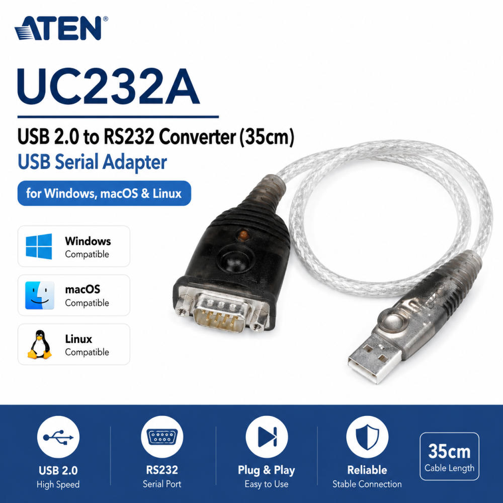ATEN UC232A USB 2.0 to RS232 Converter (35cm) | USB Serial Adapter for Windows, macOS & Linux