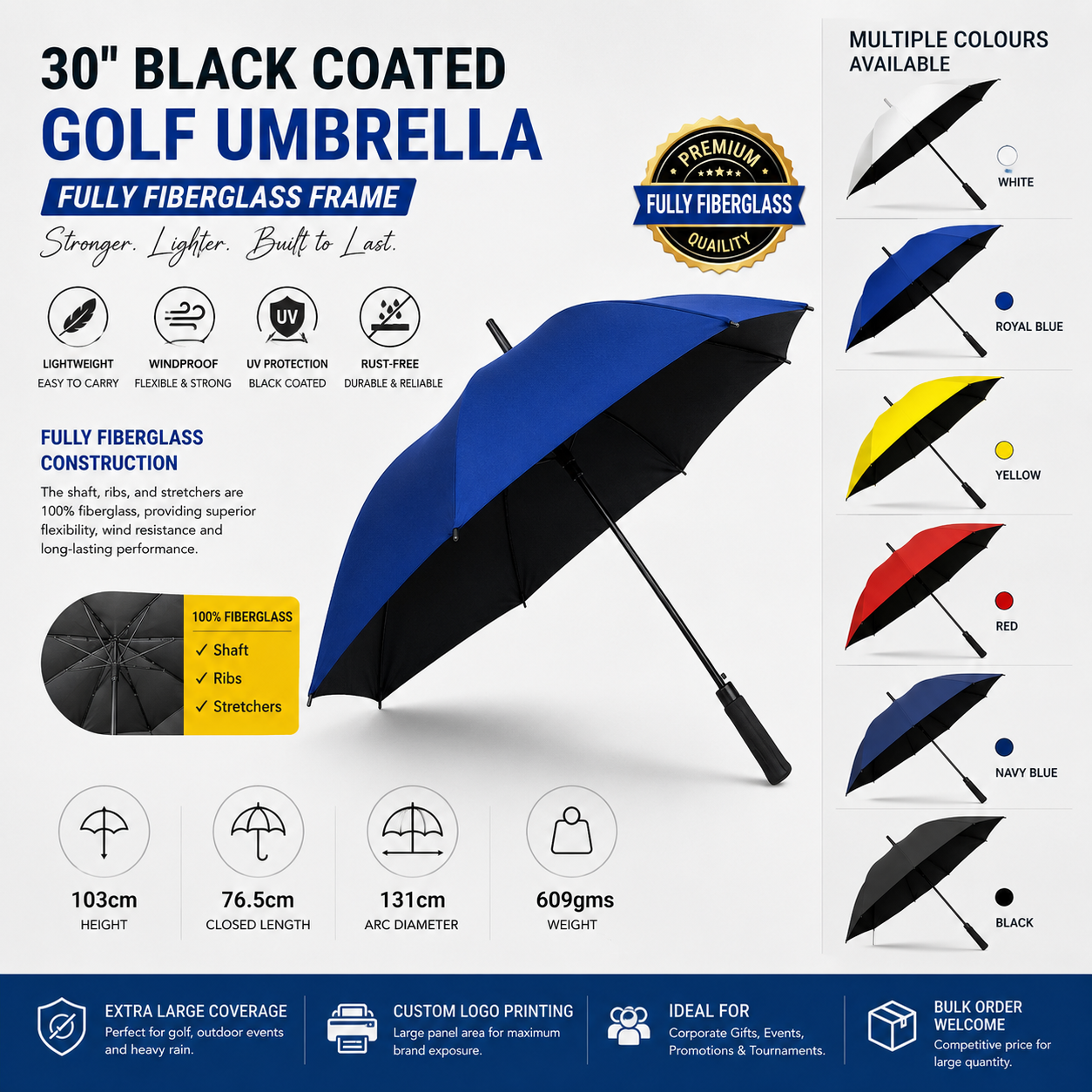 Premium Fully Fiberglass UV Protection Auto Open Golf Umbrella (Black Inner Coated) 30in