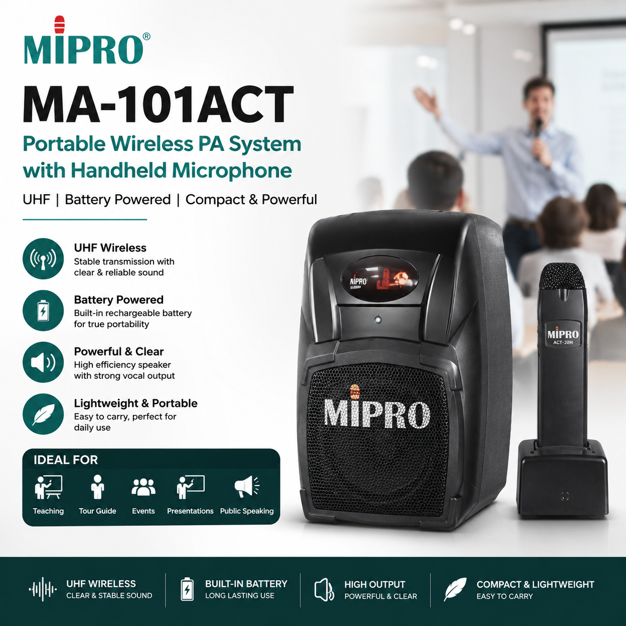 MIPRO MA-101ACT 便携式无线扩音机 手持无线麦克风 UHF电池音响 适用于教学/导览/活动