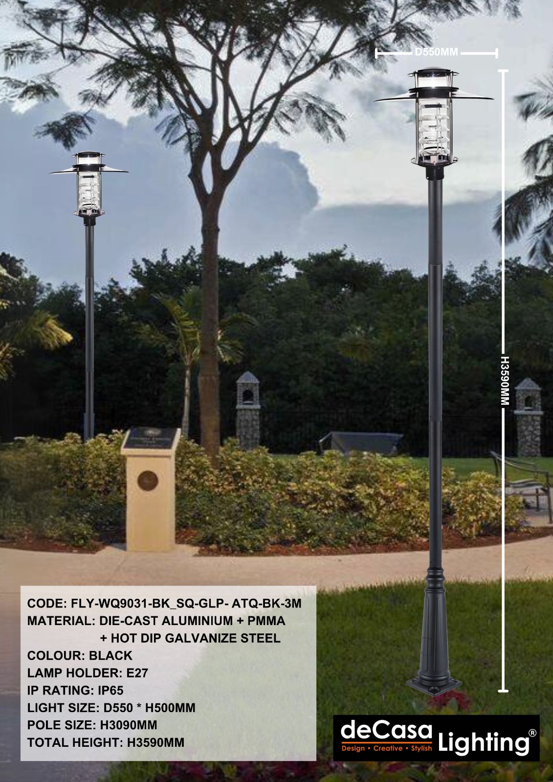 OUTDOOR GARDEN POLE LIGHT (FLY-WQ9031-BK_SQ-GLP- ATQ-BK-3M)