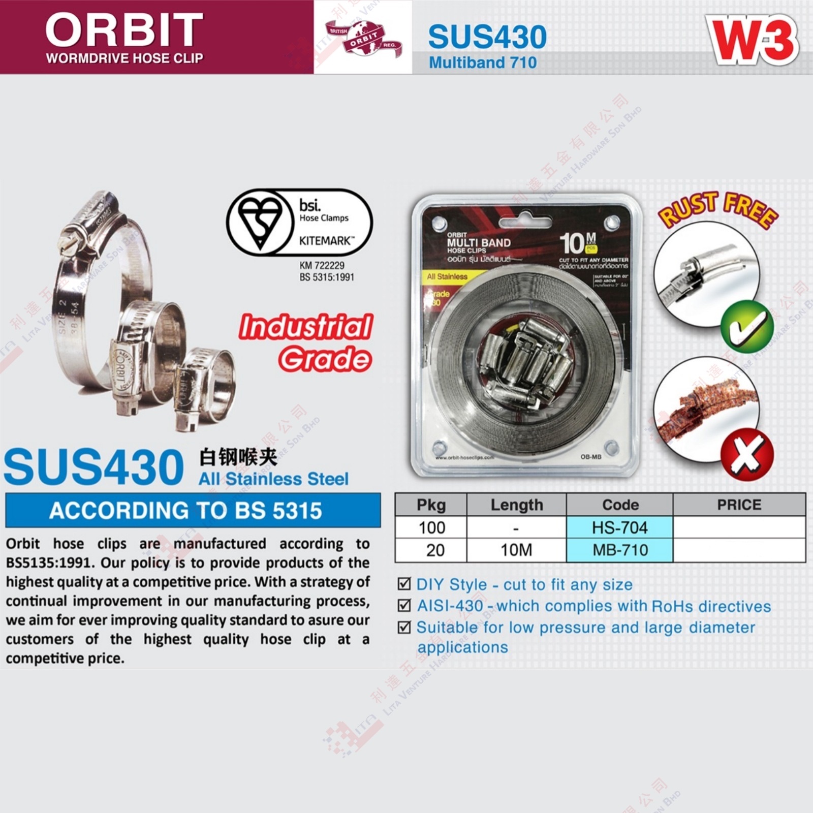 ORBIT BRAND SUS HOSE CLIP - HS704 MB710