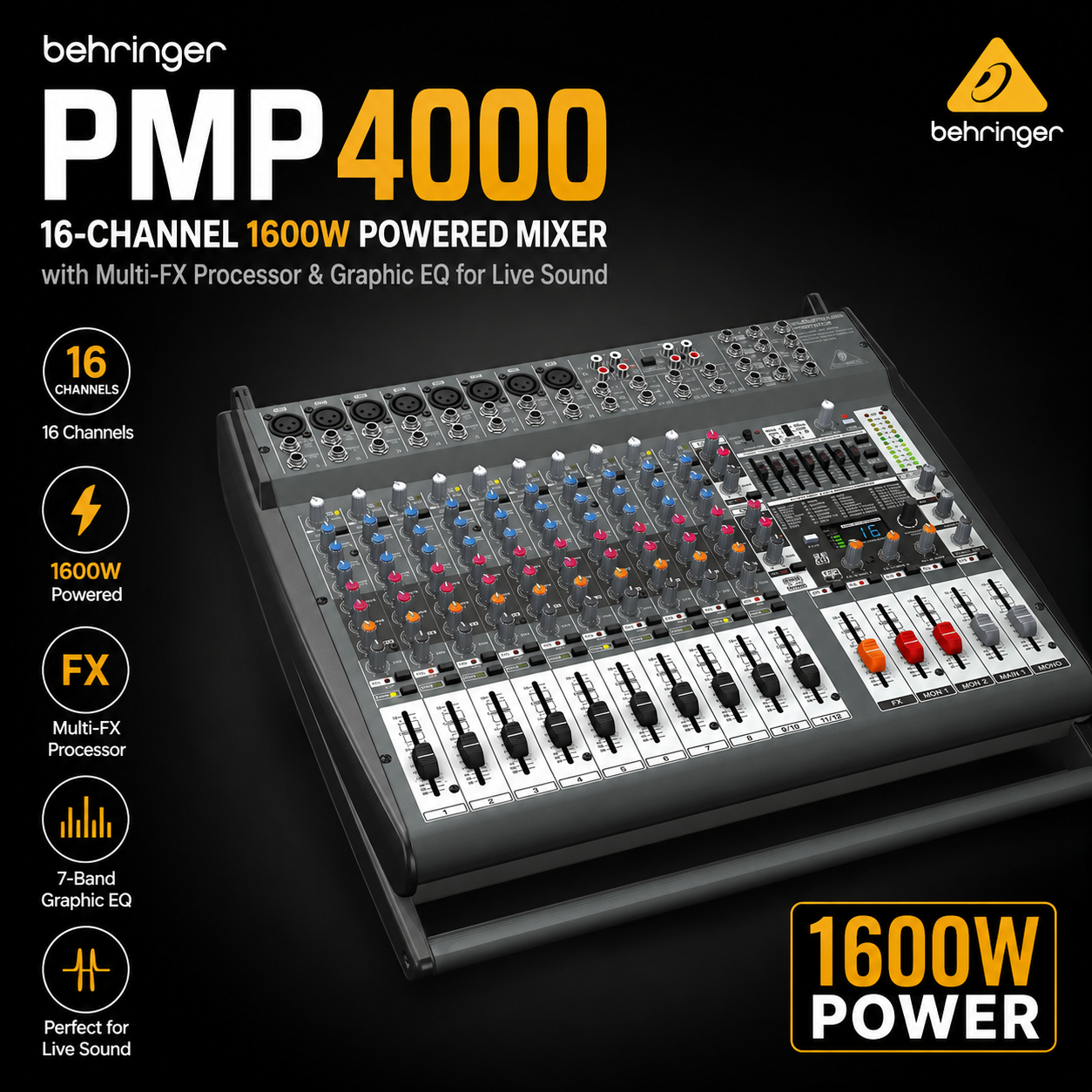 Behringer PMP4000 – 16通道1600W有源调音台，内置多重效果器与图示均衡器，适用于现场扩音