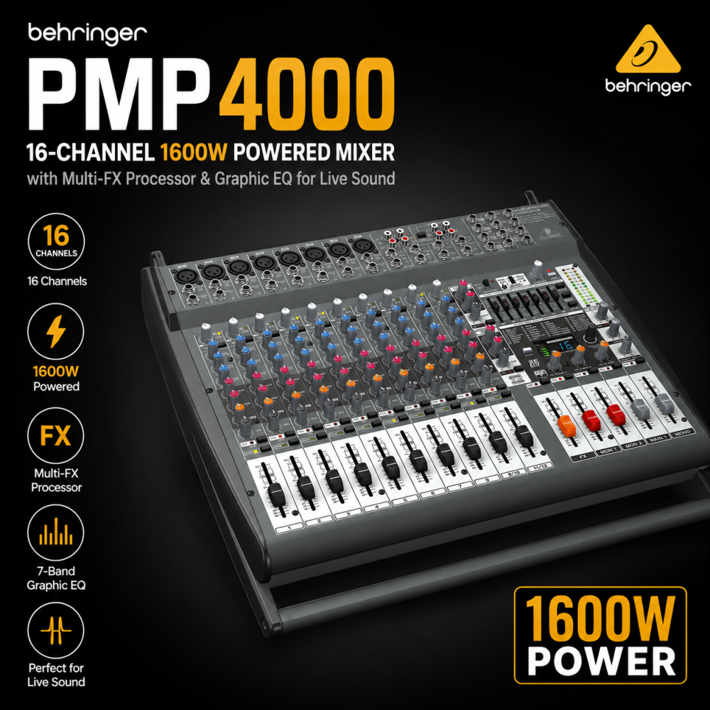 Behringer PMP4000 – 16-Channel 1600W Powered Mixer with Multi-FX Processor & Graphic EQ for Live Sound