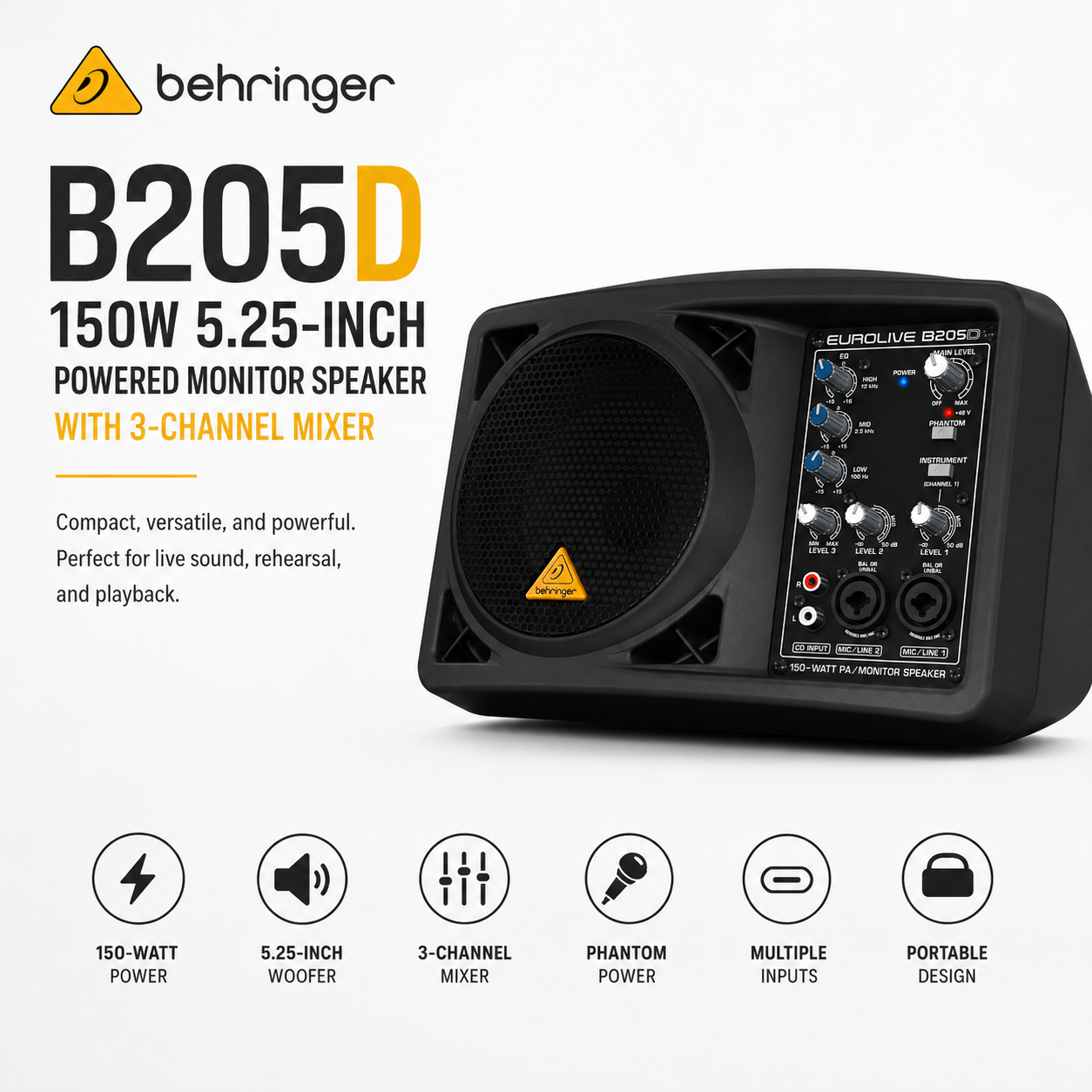 Behringer B205D – 150W 5.25-Inch Powered Monitor Speaker with 3-Channel Mixer