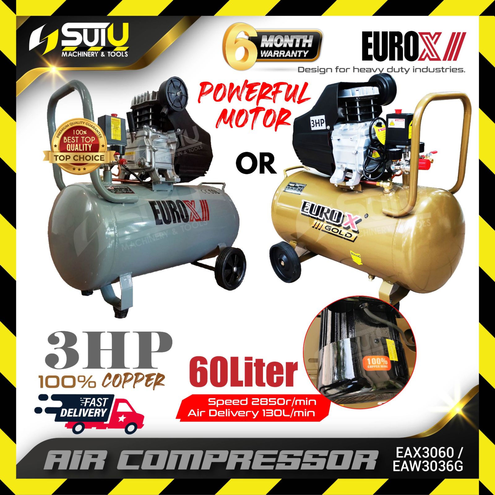 [READY STOCK, ORIGINAL] EUROX GOLD EAW3060G / EAW3060 / EAX3060 / EAX-3060 60L 3HP Direct Driven Air Compressor 2850RPM