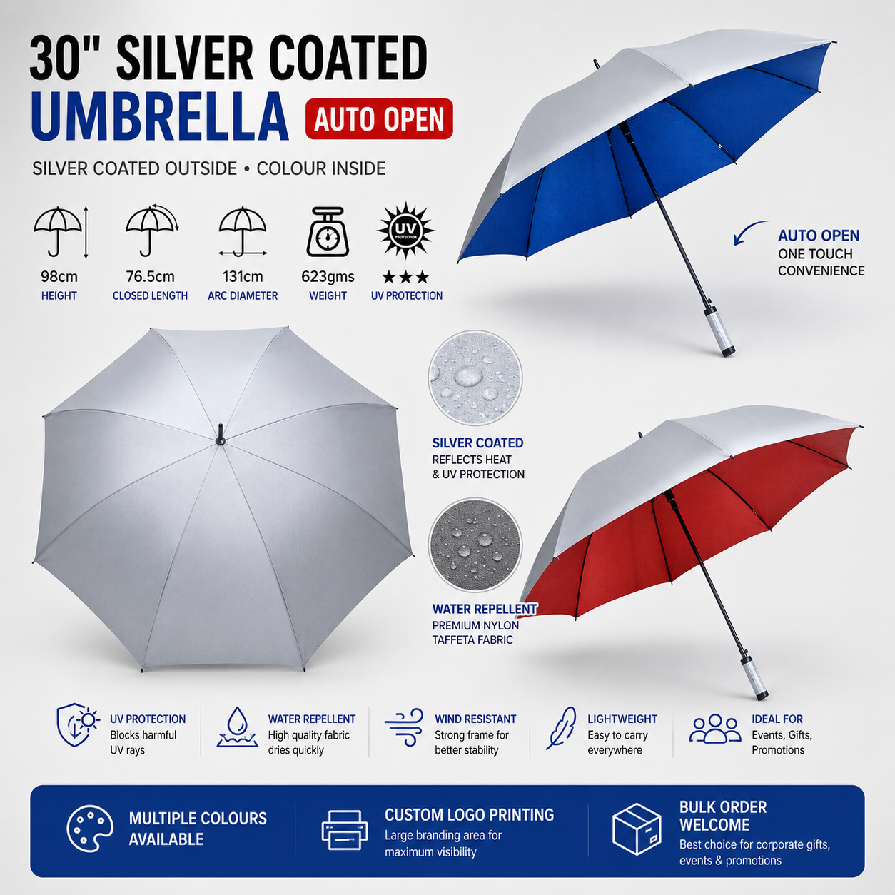 UV Protection Auto Open Event Umbrella (Silver Coated) 30in
