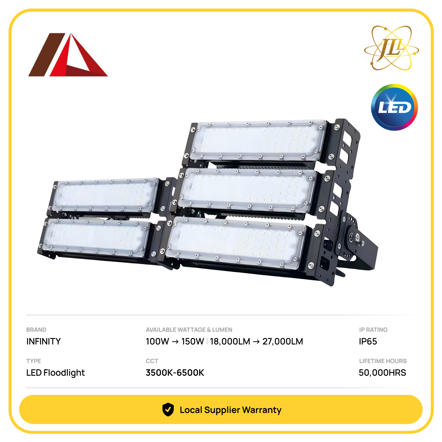 INFINITY HIGH POWERED LED FLOODLIGHT TUNABLE 3500K-6000K 50,000HRS IP65 CRI75 [100W/150W] [18000LM/27000LM] [60D/90D]