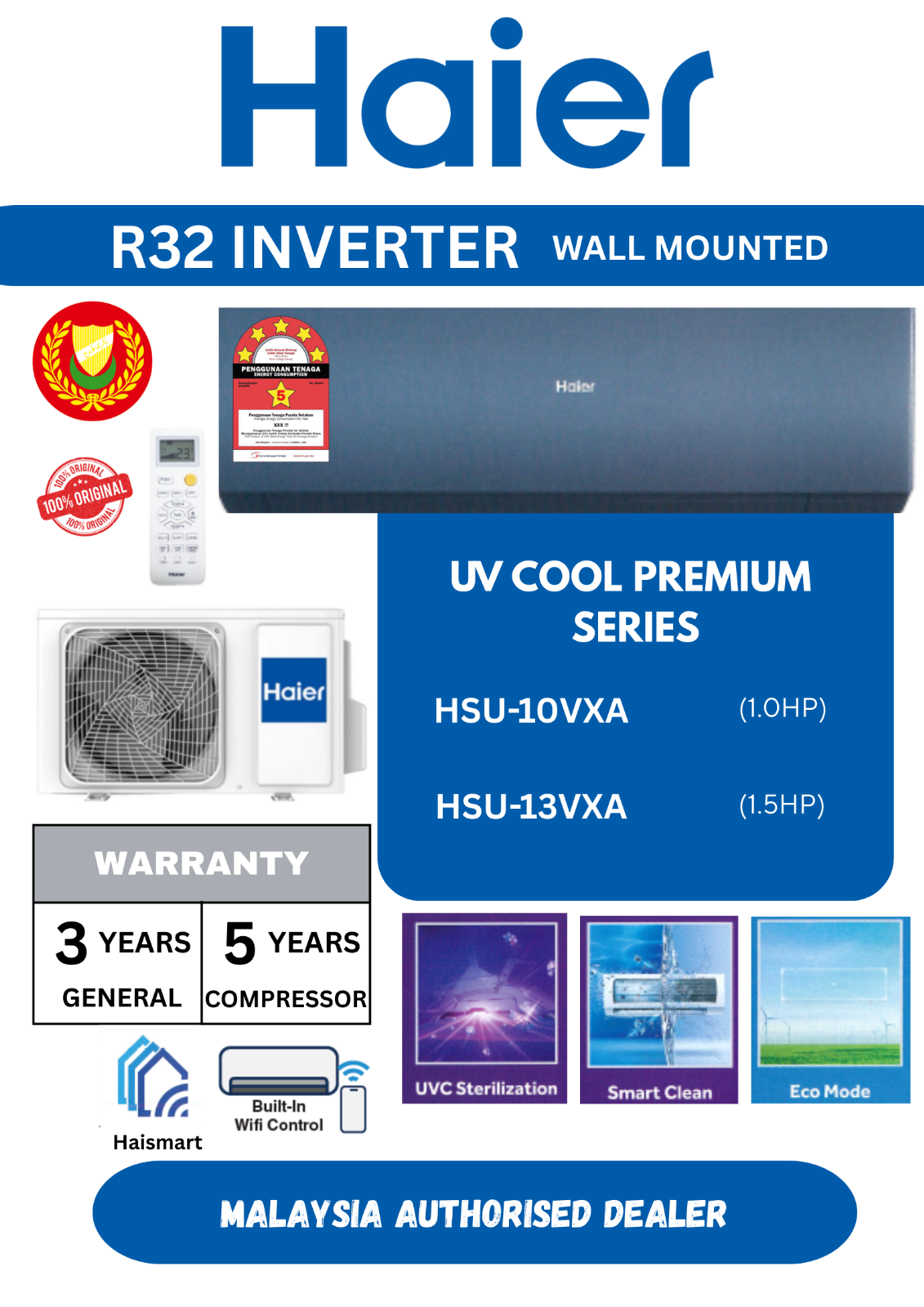 HAIER R32 INVERTER WALL MOUNTED AIRCOND UV COOL PREMIUM SERIES HSU-10VXA HSU-13VXA 1.0HP 1.5HP 5-STAR ENERGY SAVING BUILT-IN WIFI 1.0HP 1.5HP 5-STAR ENERGY SAVING BUILT-IN WIFI CONTROL UVC STERILIZATION