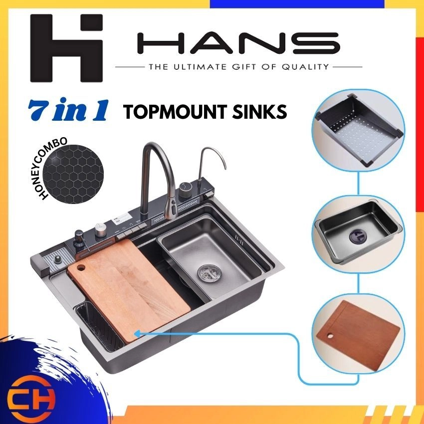 HANS STAINLESS STEEL SUS 304 HONEYCOMB HSS - 7550 - HC 7 IN 1 TOPMOUNT SINK ( 750MM x 500MM )