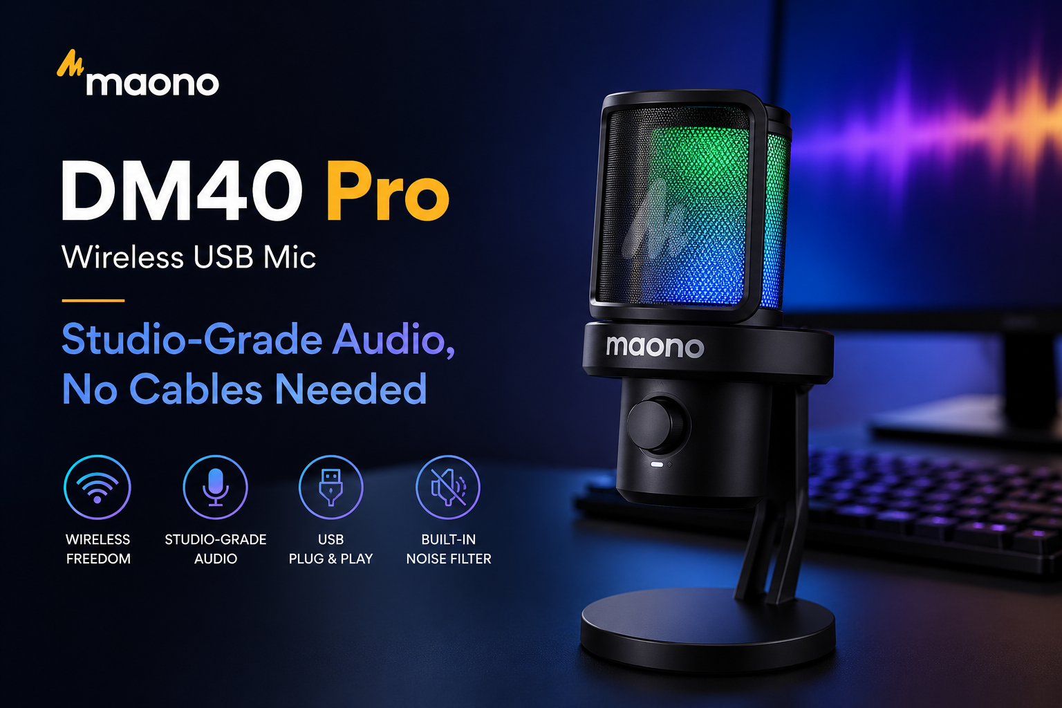 Maono DM40 Pro Mikrofon USB Tanpa Wayar – Kualiti Studio, Bebas Kabel