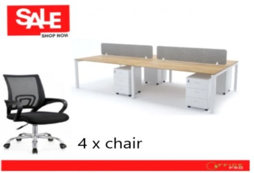 Full Set Office Workstation Table Cluster Of 4 Seater | Office Cubicle | Office Mesh Chair WT4-M2