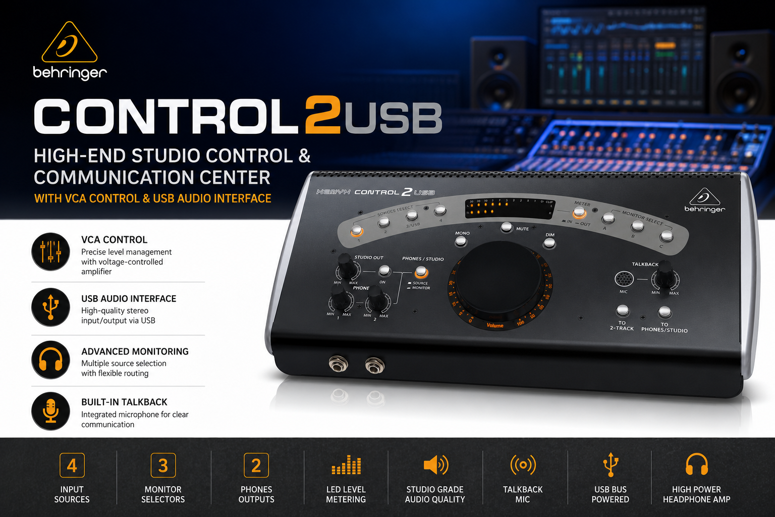 Behringer CONTROL2USB – 高端录音室控制与通讯中心，配备VCA控制和USB音频接口