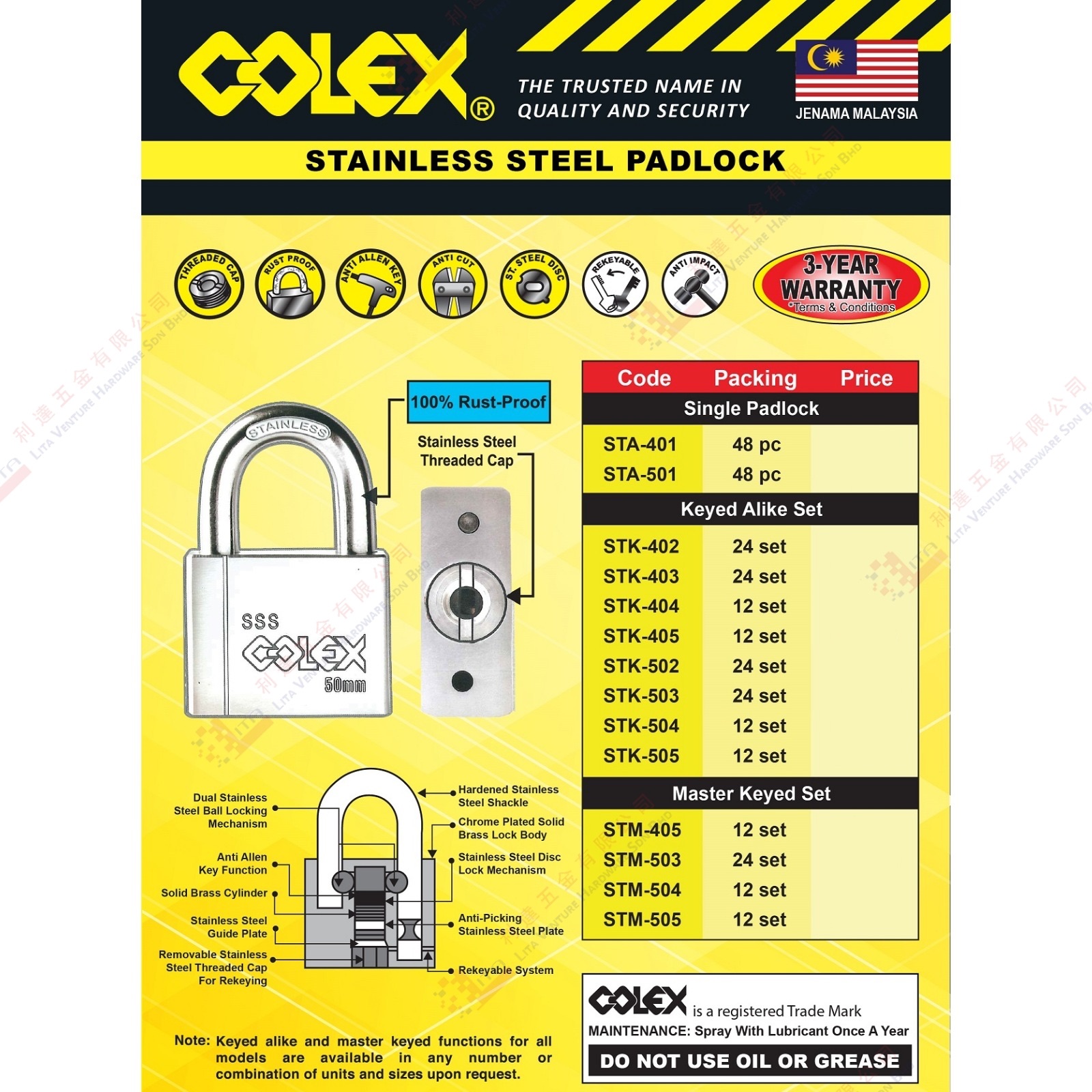 COLEX BRAND STAINLESS STEEL PADLOCK - STA401 STA501 STK402-505 STM405-505