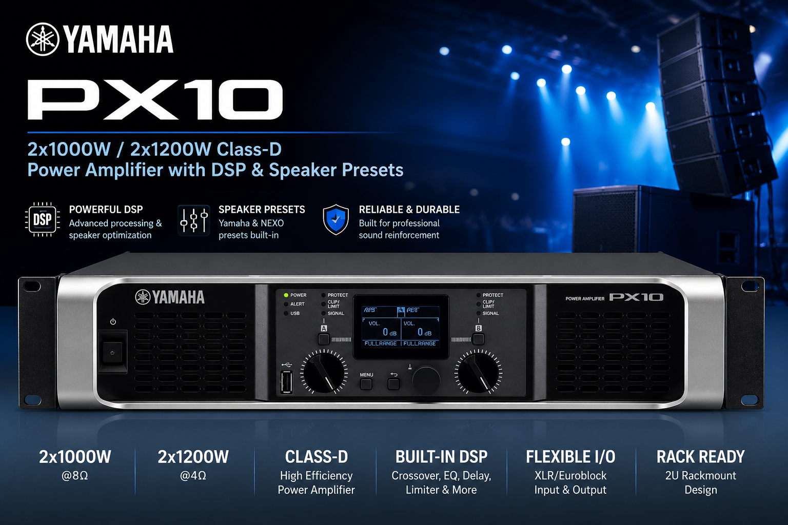 Yamaha PX10 – 2x1000W / 2x1200W Class-D Power Amplifier with DSP & Speaker Presets