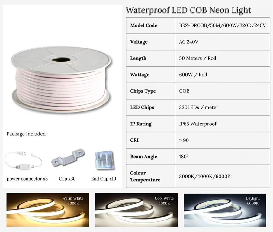 WATERPROOF COB LED NEON STRIP 3000K IP65
