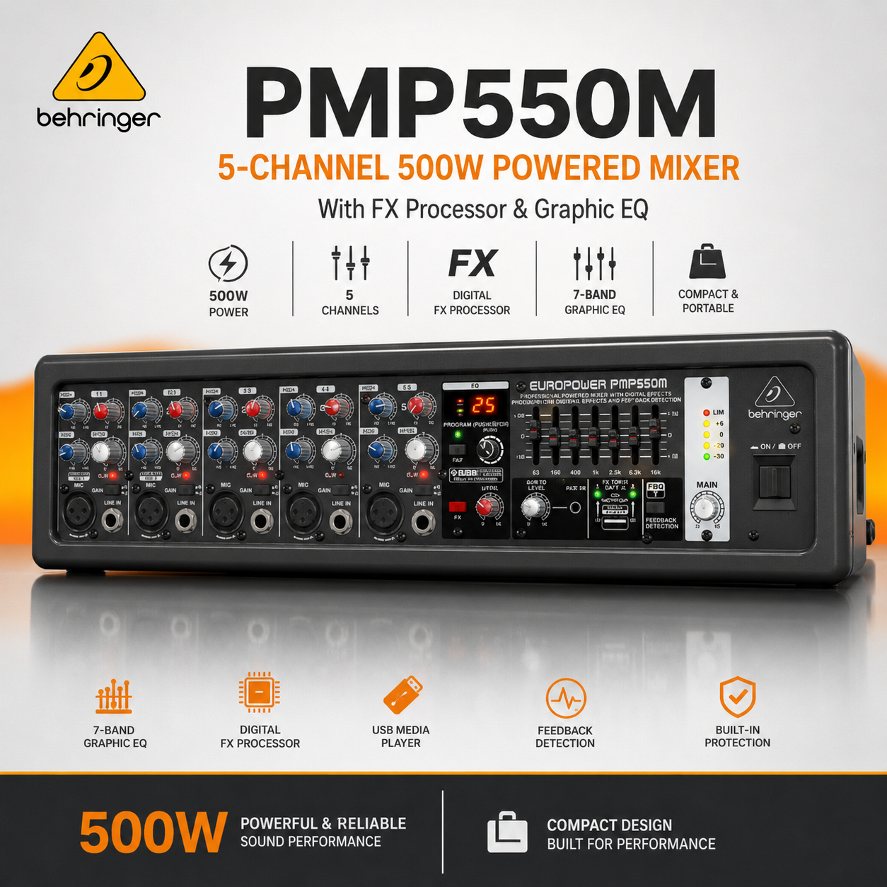 Behringer PMP550M – Mixer Berkuasa 5-Saluran 500W dengan Pemproses FX & EQ Grafik