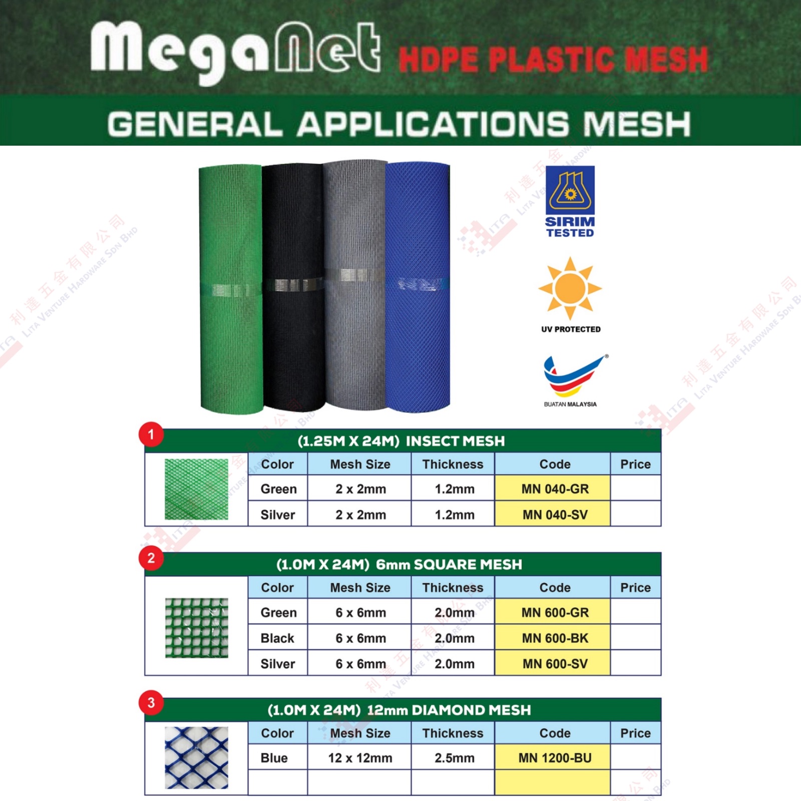 MEHANET BRAND  PLASTIC MESH - GENERAL APPLICATION MESH - MN040GR MN040SV MN600GR MN600BK MN600SV MN1200BU