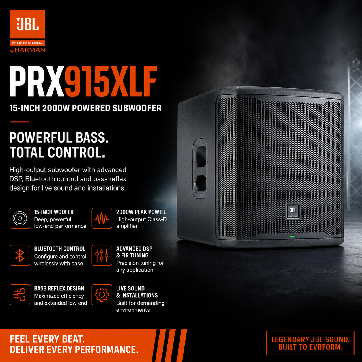 JBL PRX915XLF – 15-Inch 2000W Powered Subwoofer with Bass Reflex Design, Bluetooth Control, DSP & FiR Tuning for Live Sound and Installations