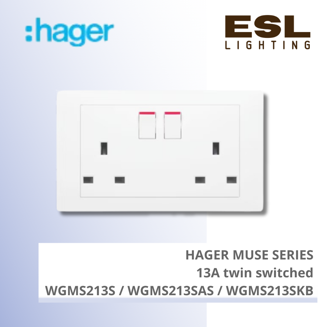 HAGER Muse Series - 13A twin switched - WGMS213S / WGMS213SAS / WGMS213SKB
