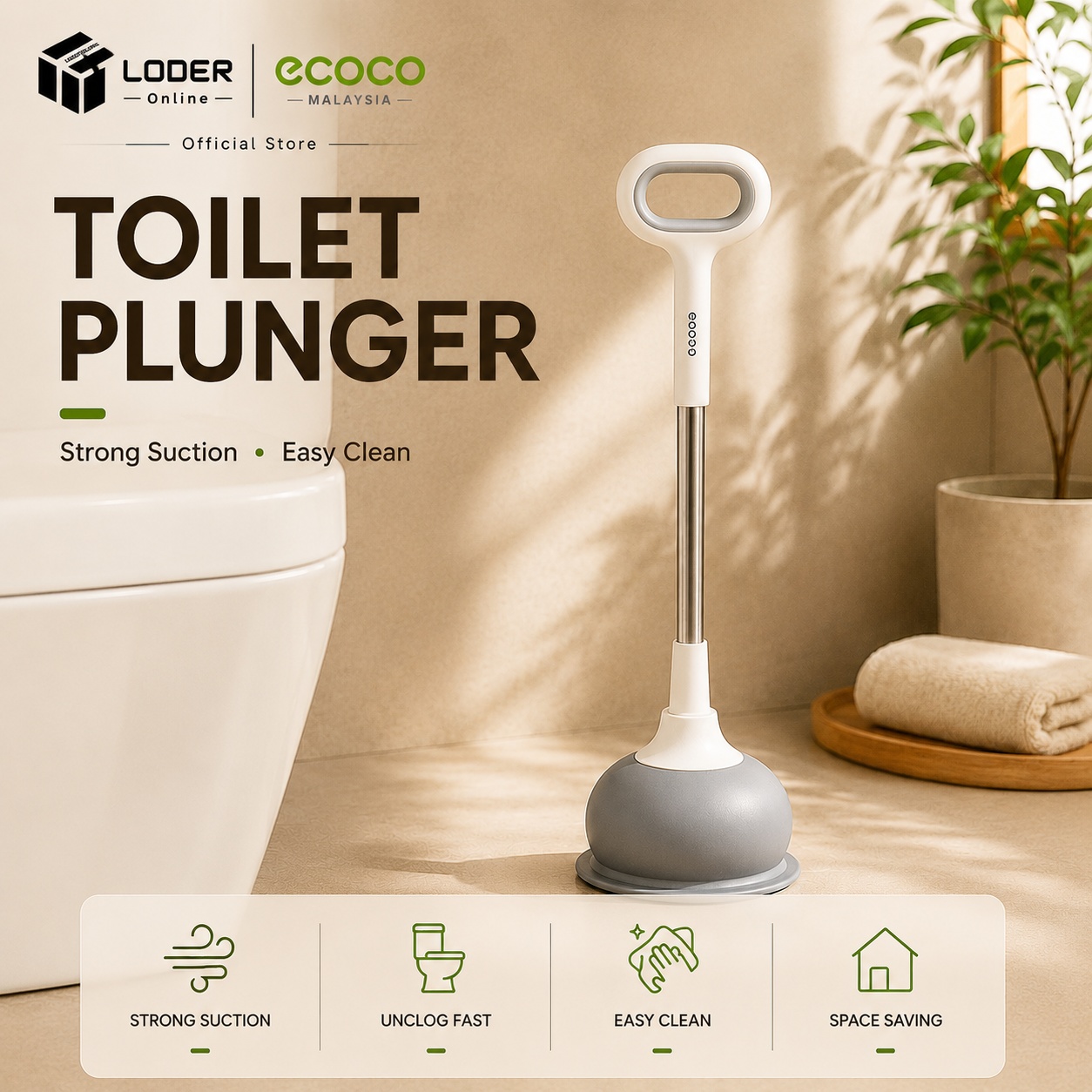 LODER ECOCO Toilet Plunger Heavy Duty Drain Clog Remover Strong Suction Bathroom Toilet Cleaning Tool