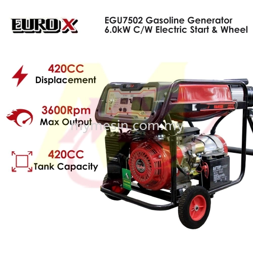 EUROX  EGU7502 Gasoline Generator C/W Electric Start and Wheel 6.0kW 