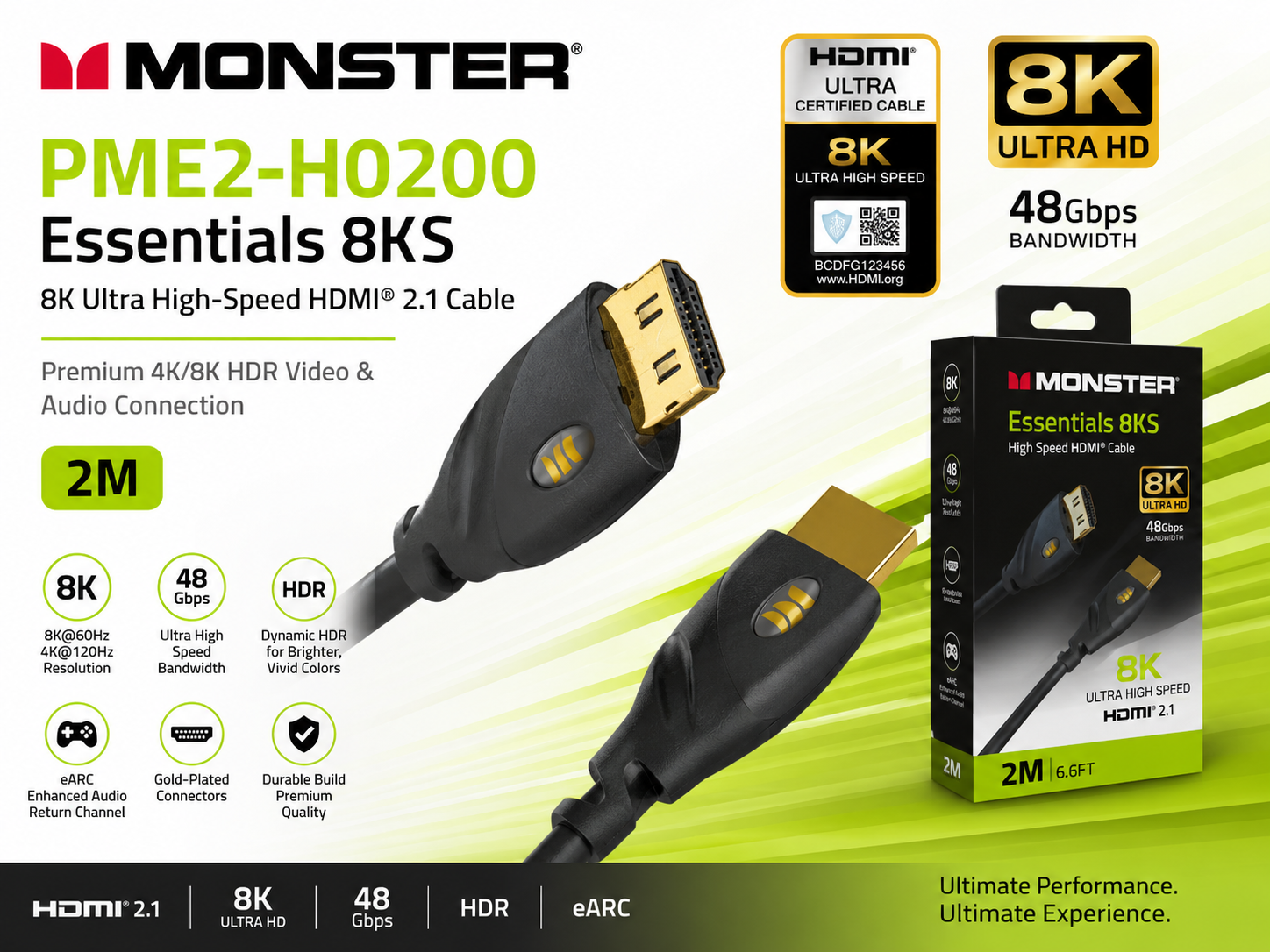 Monster PME2-H0200 Essentials 8KS 8K Ultra High-Speed HDMI 2.1 Cable – Premium 4K/8K HDR Video & Audio Connection (2M)