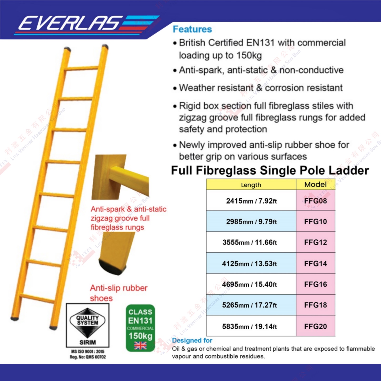 EVERLAS BRAND SINGLE POLE LADDER - FFG08 FFG10 FFG12 FFG14 FFG16 FFG18 FFG20