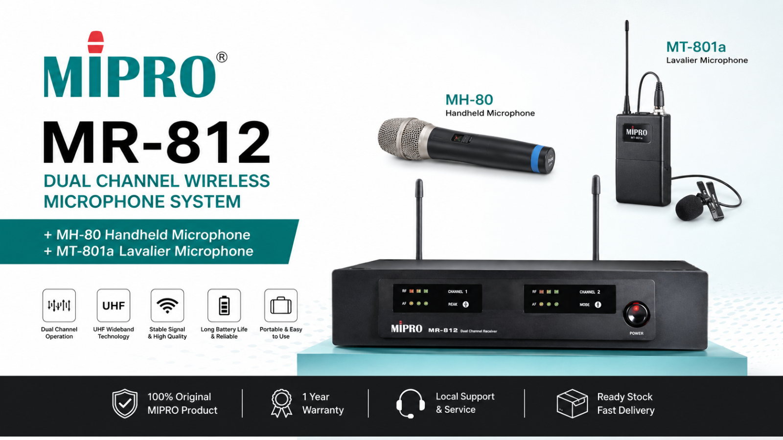 MIPRO MR-812 Dual Channel Wireless Microphone System + MH-80 Handheld & MT-801a Lavalier Mic (Limited Stock Malaysia)