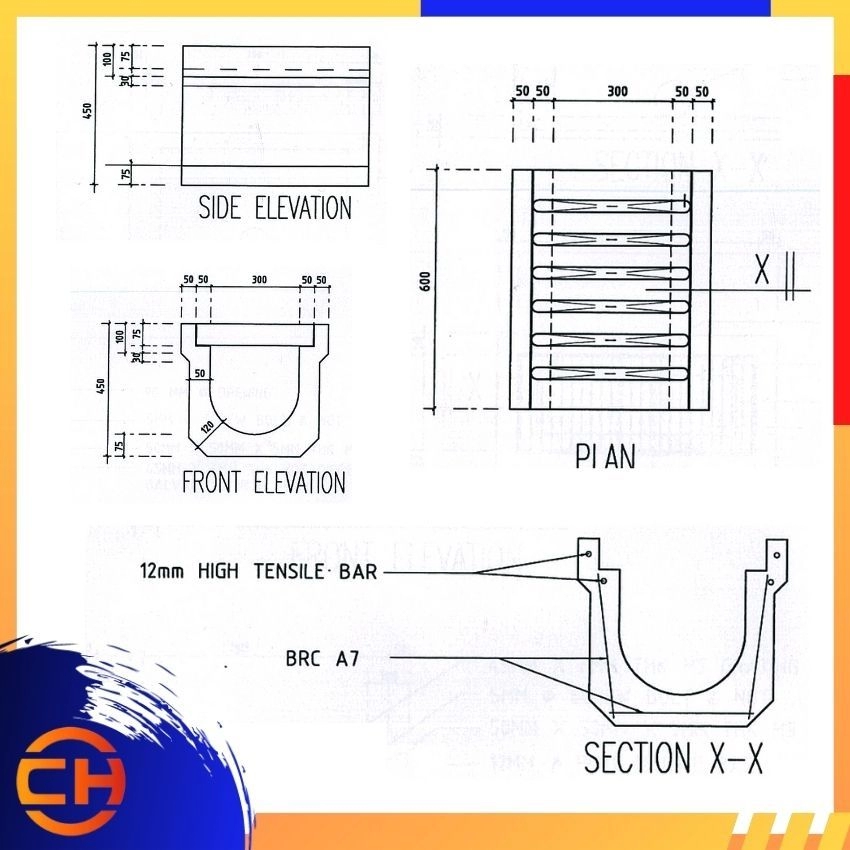 PRECAST KERB OUTLET OPENING & U SHAPE DRAIN ( W500MM x H450MM ) THIK - 75MM 