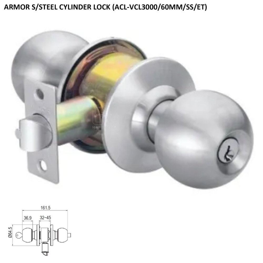 ARMOR S/STEEL CYLINDRICAL LOCK (ACL VCL3000 / 60MM / SS / ET)