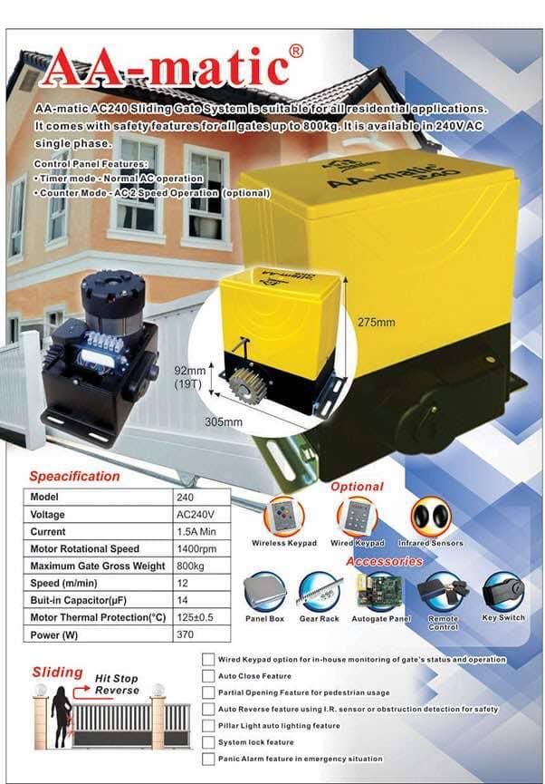 AA-Matic 240 AC Sliding Motor Autogate for 800kg Gate (Metal Gear) - Full Set