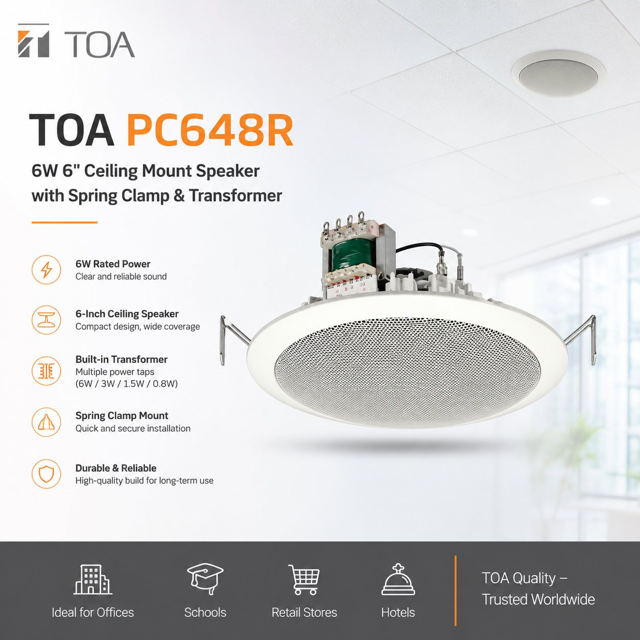TOA PC648R – 6W 6" Ceiling Mount Speaker with Spring Clamp & Transformer