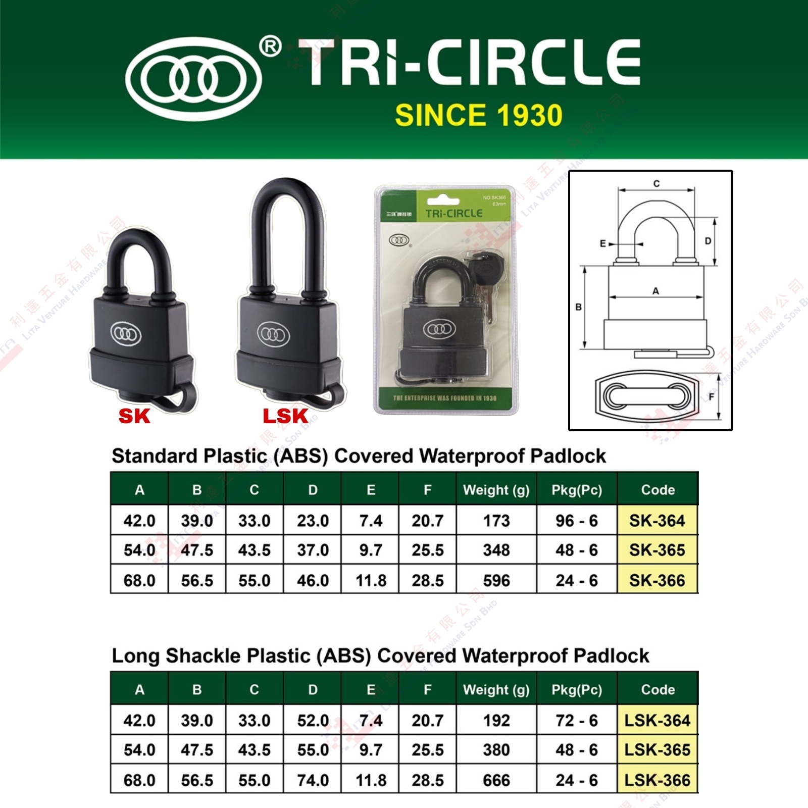TRI CIRCLE BRAND WATERPROOF PADLOCK - SK364 SK365 SK366 LSK364 LSKL365 LSK366