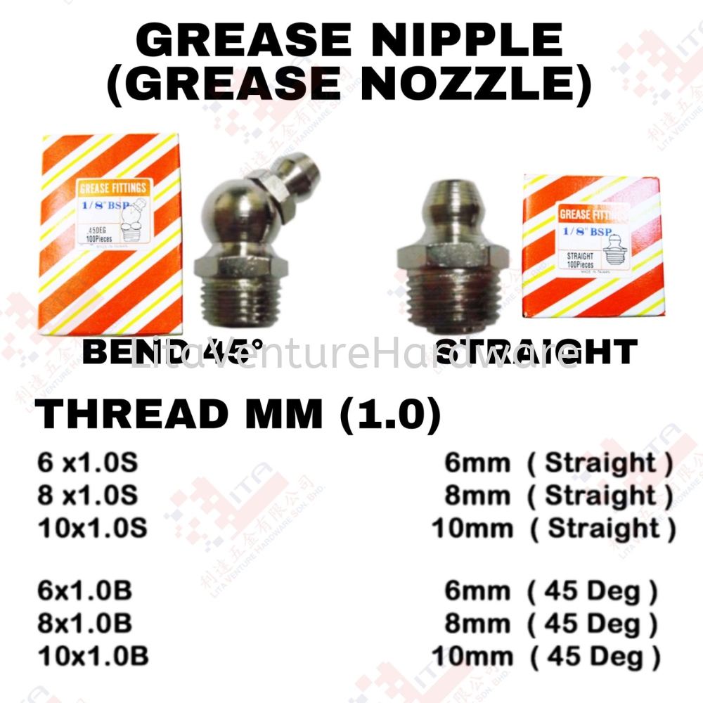 GREASE NIPPLE THREAD MM - 6X1.2S 8X1.0S 10X1.0S 6X1.0B 8X1.0B 10X1.0B