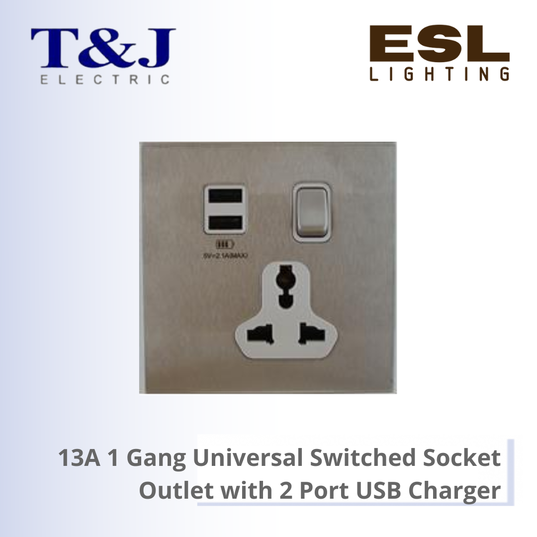 T&J LAVINA"95" SERIES 13A 1 Gang Universal Switched Socket Outlet with 2 Port USB Charger (2.1A Max) - JG8318SUSB2-A-BSS / JG8318SUSB2-A-WSS / JG8318SUSB2-A-BLBL